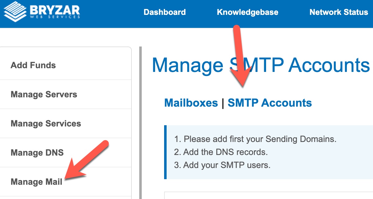 Manage Bryzar SMTP