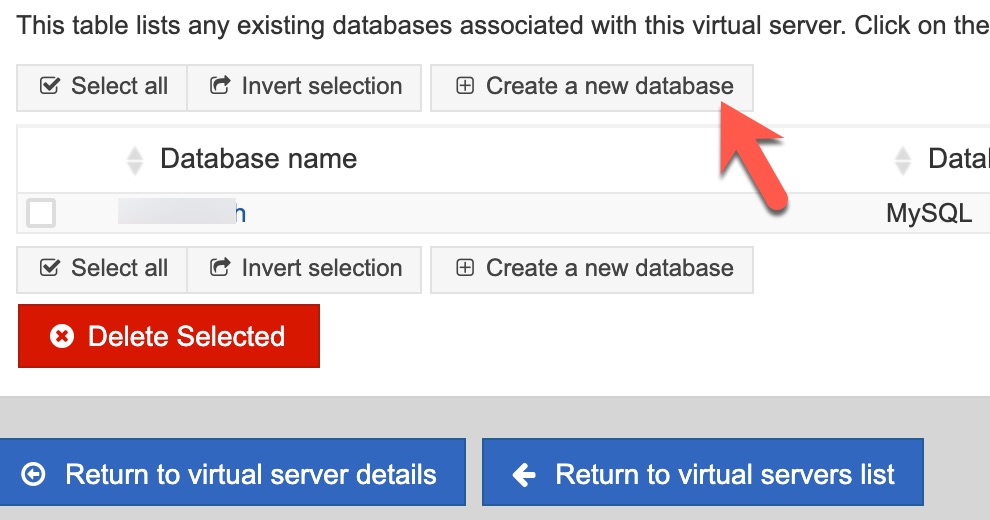 virtualmin create database